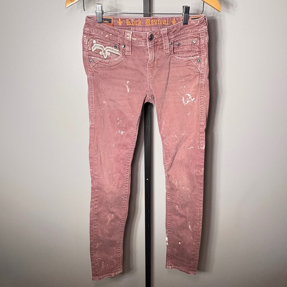 Rock Revival Codee Skinny Jeans Pink Mauve Bleach Splatter Fleur‎ De Lis Size 26